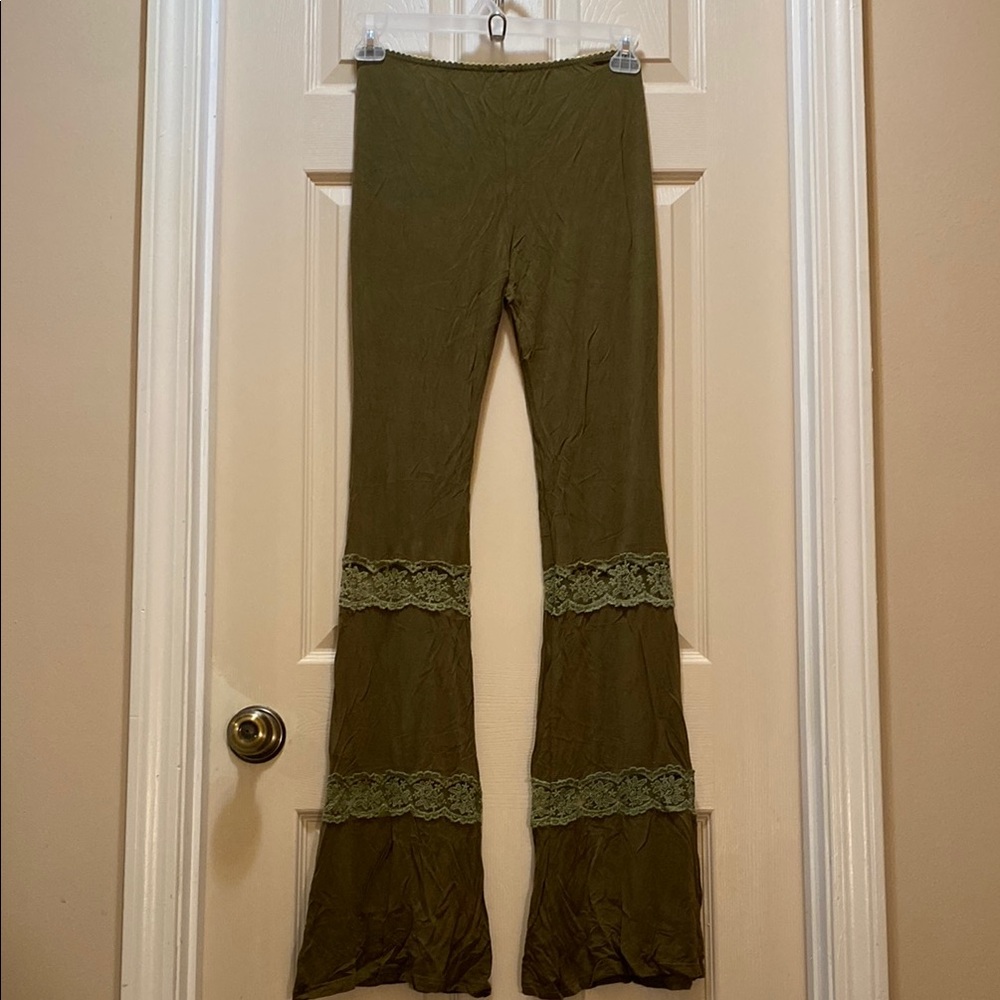 Chic Olive Green Flare Pants with Lace Detail